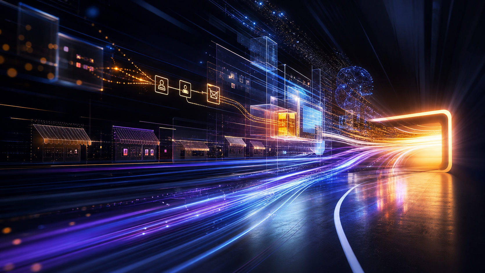 A high-speed booking gateway with revenue paths moving through a digital storefront.